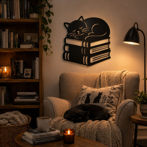 Sleeping Cat on Books Laser SVG | Cat Lover Laser Cut File | Book Lover Metal Wall Art DXF | CNC Plasma Cut Svg | Library Decor SVG HappyDesignStudio 