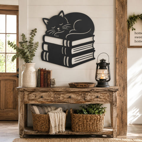 Sleeping Cat on Books Laser SVG | Cat Lover Laser Cut File | Book Lover Metal Wall Art DXF | CNC Plasma Cut Svg | Library Decor SVG HappyDesignStudio 