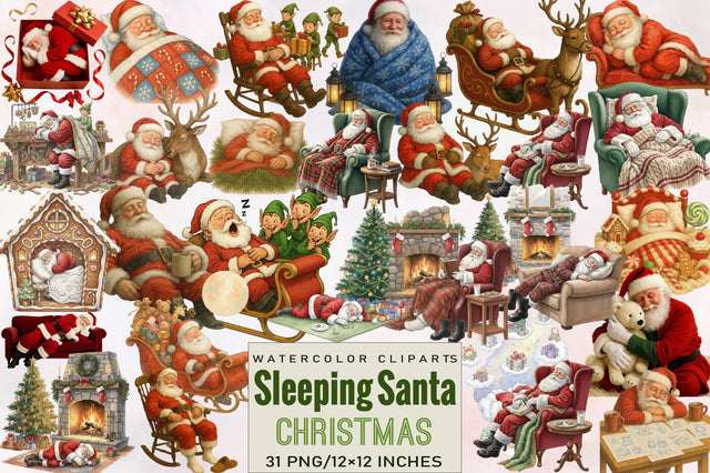 Sleeping Christmas Santa Claus Clipart Bundle. Sublimation SVGArt 