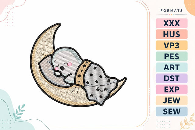 Sleeping Ghost on Crescent Moon Embroidery Design Embroidery/Applique DESIGNS sg embroidery 