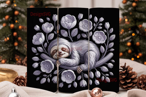 Sleeping Sloth & Flowers 20oz Tumbler Sublimation DesignSVG 
