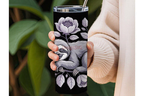 Sleeping Sloth & Flowers 20oz Tumbler Sublimation DesignSVG 