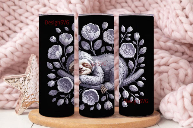 Sleeping Sloth & Flowers 20oz Tumbler Sublimation DesignSVG 