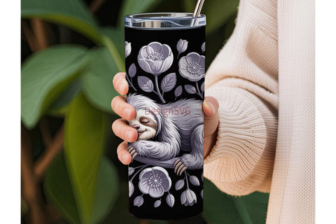 Sleeping Sloth & Flowers 20oz Tumbler Sublimation DesignSVG 