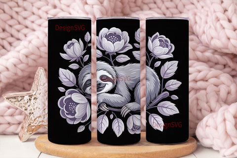 Sleeping Sloth & Flowers 20oz Tumbler Sublimation DesignSVG 