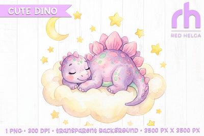 Sleeping Watercolor Dinosaur Clipart PNG, Nursery Art, Baby Shower Decor Sublimation RedHelgaArt 