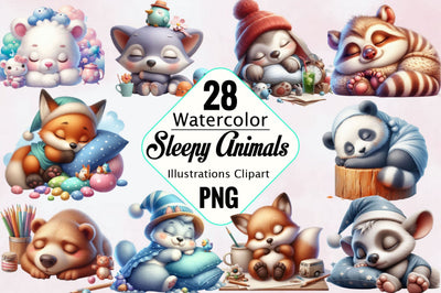 Sleepy Animals Watercolor Clipart Bundle Sublimation SVGArt 