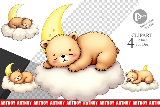 Sleepy Bear Cloud Clipart Sublimation artnoy 