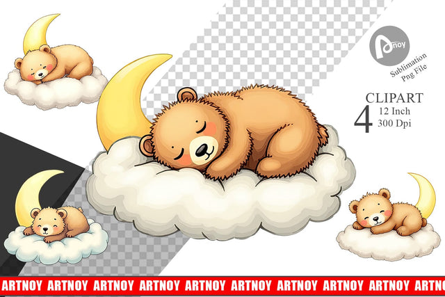 Sleepy Bear Cloud Clipart Sublimation artnoy 