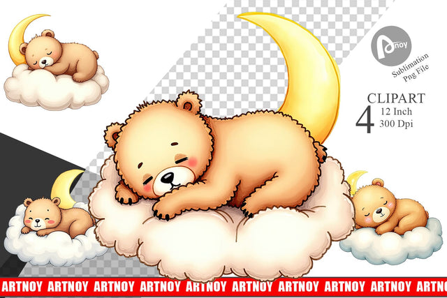 Sleepy Bear Cloud Clipart Sublimation artnoy 