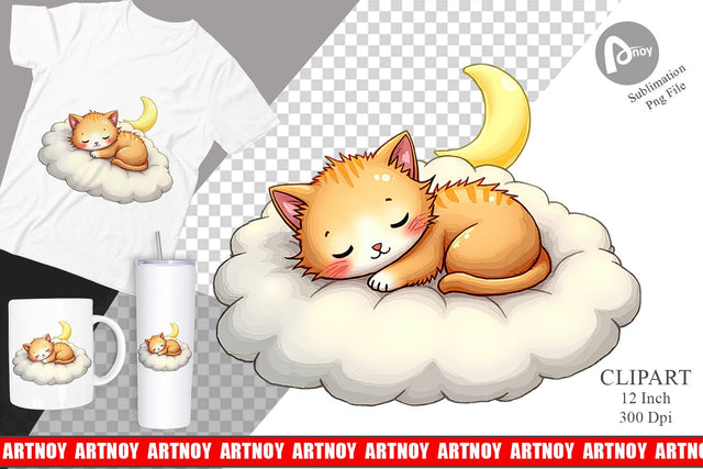 Sleepy Cat Cloud Clipart Sublimation artnoy 