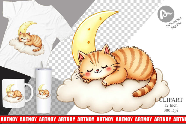Sleepy Cat Cloud Clipart Sublimation artnoy 