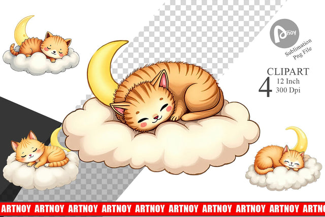 Sleepy Cat Cloud Clipart Sublimation artnoy 
