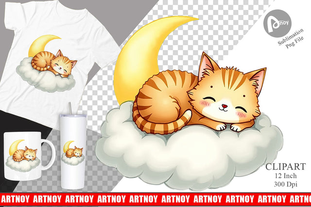 Sleepy Cat Cloud Clipart Sublimation artnoy 