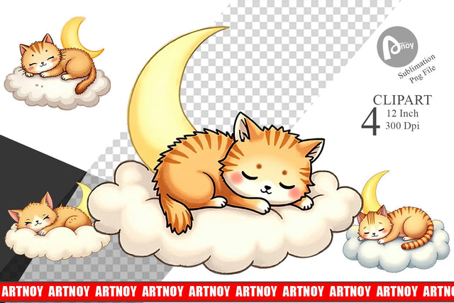 Sleepy Cat Cloud Clipart Sublimation artnoy 