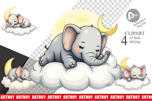 Sleepy Elephant Cloud Clipart Sublimation artnoy 