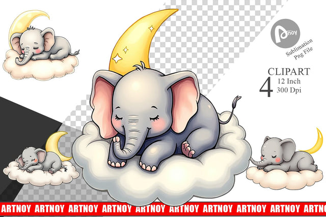 Sleepy Elephant Cloud Clipart Sublimation artnoy 