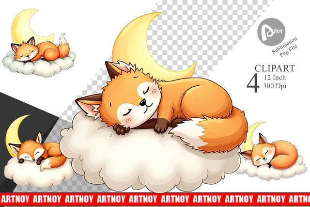 Sleepy Fox Cloud Clipart Sublimation artnoy 
