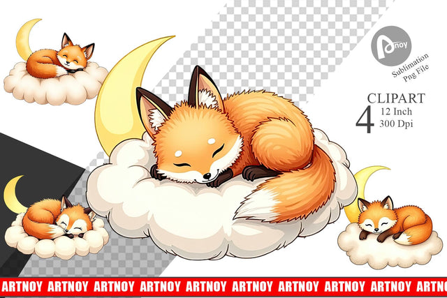 Sleepy Fox Cloud Clipart Sublimation artnoy 