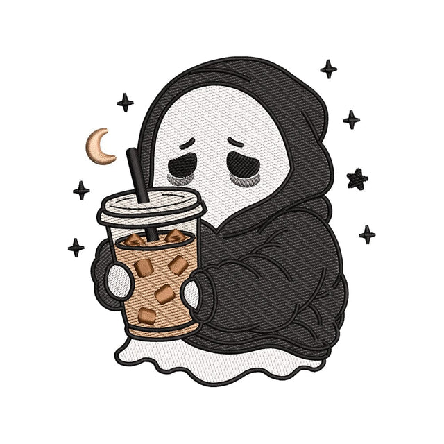 Sleepy Ghost Iced Coffee Embroidery Design | Cute Halloween Character Embroidery/Applique DESIGNS sg embroidery 