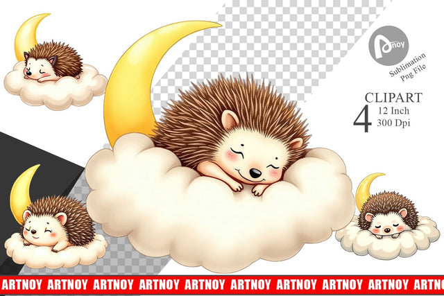 Sleepy Hedgehog Cloud Clipart Sublimation artnoy 