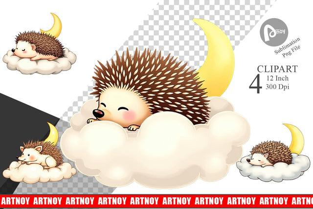 Sleepy Hedgehog Cloud Clipart Sublimation artnoy 