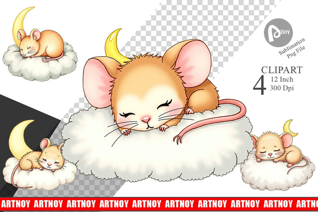 Sleepy Mouse Cloud Clipart Sublimation artnoy 