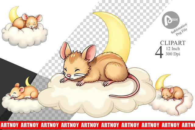Sleepy Mouse Cloud Clipart Sublimation artnoy 