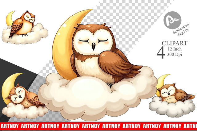 Sleepy Owl Cloud Clipart Sublimation artnoy 