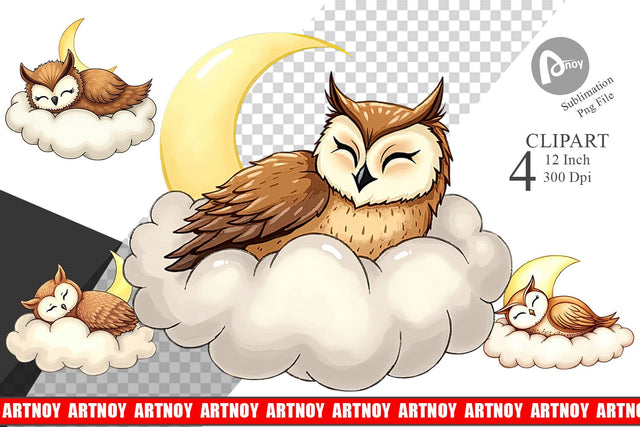 Sleepy Owl Cloud Clipart Sublimation artnoy 