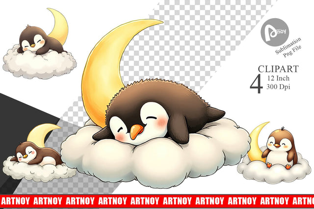Sleepy Penguin Cloud Clipart Sublimation artnoy 