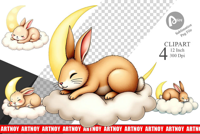 Sleepy Rabbit Cloud Clipart Sublimation artnoy 