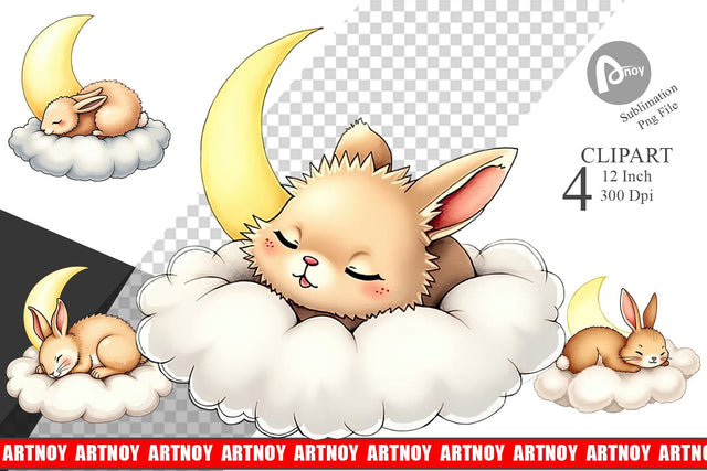 Sleepy Rabbit Cloud Clipart Sublimation artnoy 