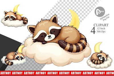 Sleepy Raccoon Cloud Clipart Sublimation artnoy 
