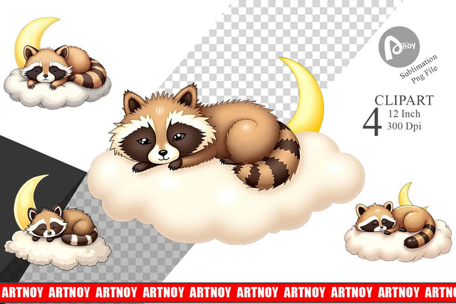 Sleepy Raccoon Cloud Clipart Sublimation artnoy 