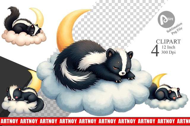Sleepy Skunk Cloud Clipart Sublimation artnoy 