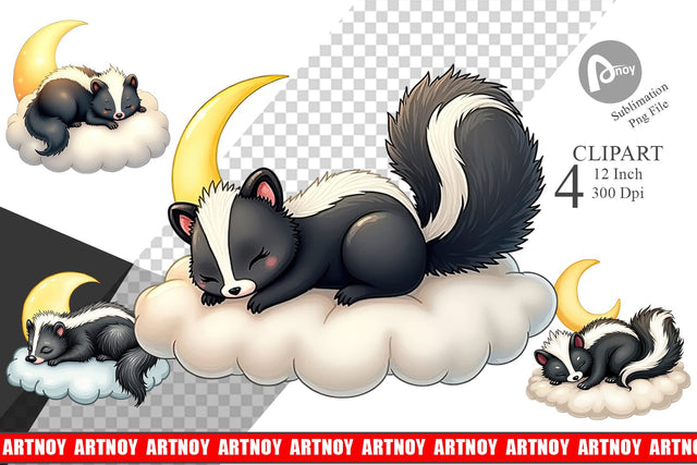 Sleepy Skunk Cloud Clipart Sublimation artnoy 