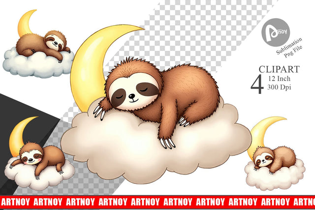 Sleepy Sloth Cloud Clipart Sublimation artnoy 