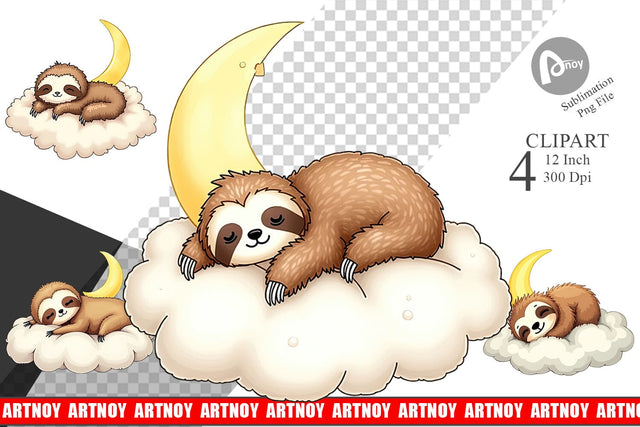Sleepy Sloth Cloud Clipart Sublimation artnoy 