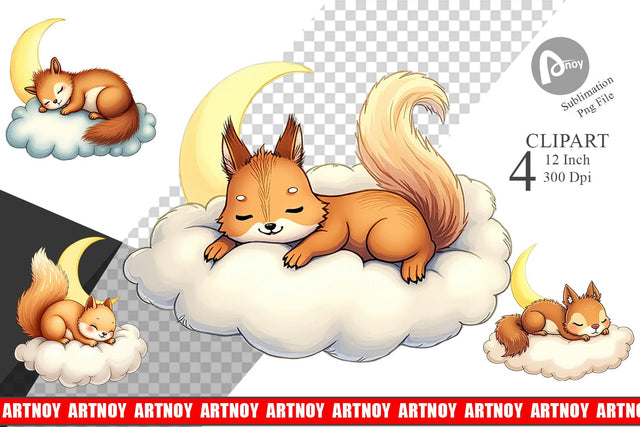 Sleepy Squirrel Cloud Clipart Sublimation artnoy 