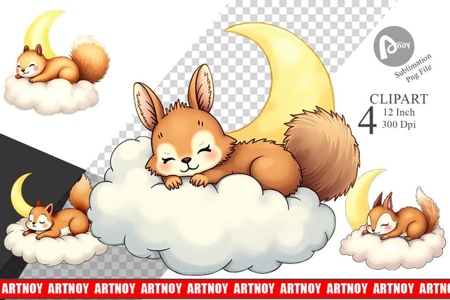 Sleepy Squirrel Cloud Clipart Sublimation artnoy 
