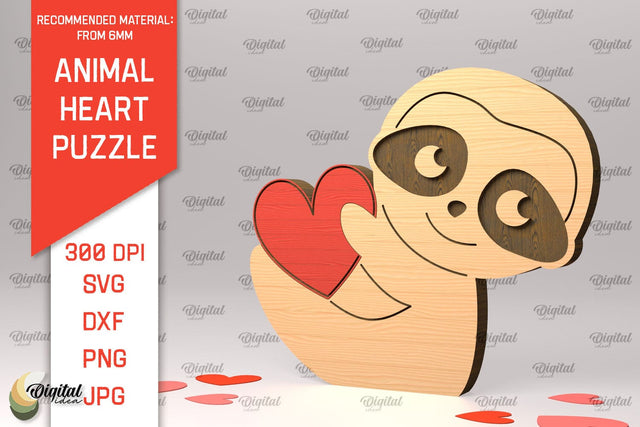 Sloth Wooden Puzzle Laser Cut. Animal Heart Puzzle SVG SVG Evgenyia Guschina 