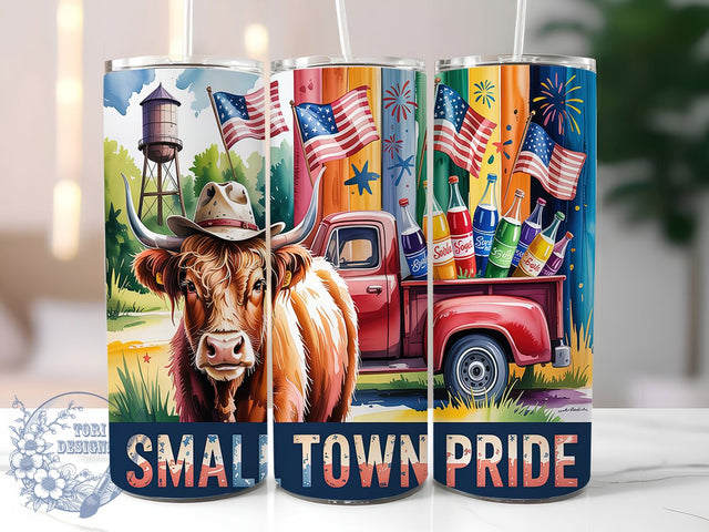 Small-Town Highland Cow Tumbler, Small Town Design, Western Pride Cup, Country Life Art, American Rural Design, Farm Life Tumbler, Western Patriotic Art Sublimation ToriDesigns 
