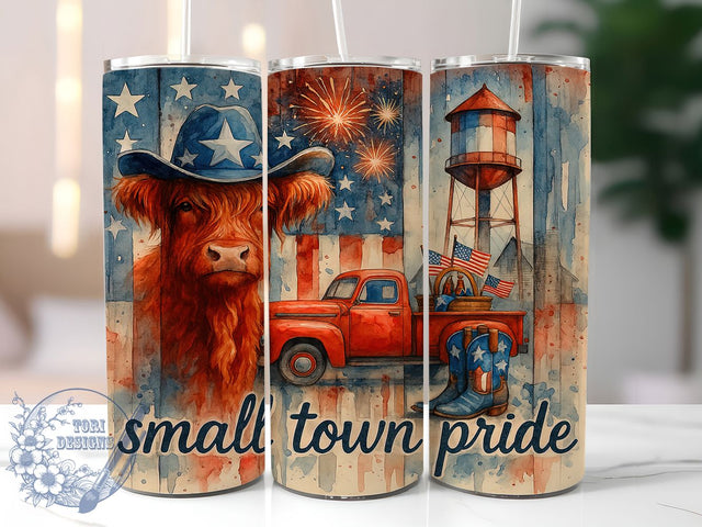 Small-Town Highland Cow Tumbler, Small Town Design, Western Pride Cup, Country Life Art, American Rural Design, Farm Life Tumbler, Western Patriotic Art Sublimation ToriDesigns 