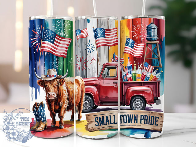 Small-Town Highland Cow Tumbler, Small Town Design, Western Pride Cup, Country Life Art, American Rural Design, Farm Life Tumbler, Western Patriotic Art Sublimation ToriDesigns 