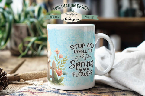 Smell The Flowers | Spring Bunny Fence Sublimation Mug Sublimation Ewe-N-Me Designs 