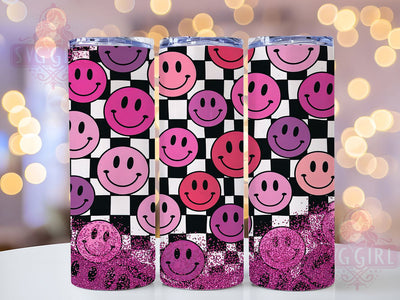 Smiley Checkered Pink Glitter Tumbler, Checkered Tumbler Wrap, Pink Glitter Tumbler, Retro Tumbler Design, 20oz Skinny Tumbler, Black and White Checker Tumbler, Funky Sublimation Tumbler Sublimation SvggirlplusArt 