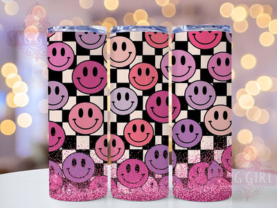 Smiley Checkered Pink Glitter Tumbler, Checkered Tumbler Wrap, Pink Glitter Tumbler, Retro Tumbler Design, 20oz Skinny Tumbler, Black and White Checker Tumbler, Funky Sublimation Tumbler Sublimation SvggirlplusArt 