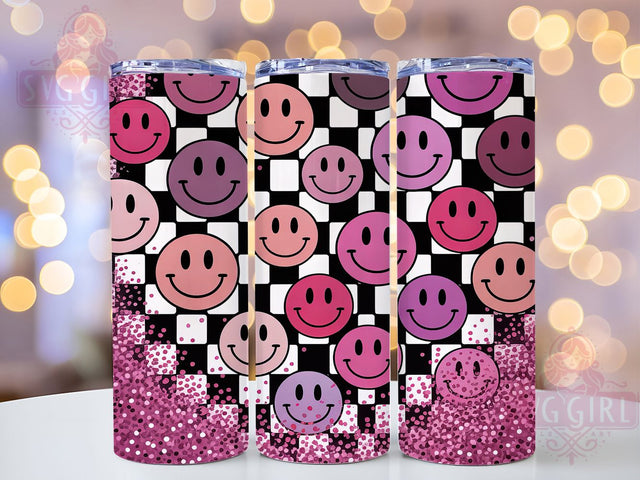 Smiley Checkered Pink Glitter Tumbler, Checkered Tumbler Wrap, Pink Glitter Tumbler, Retro Tumbler Design, 20oz Skinny Tumbler, Black and White Checker Tumbler, Funky Sublimation Tumbler Sublimation SvggirlplusArt 
