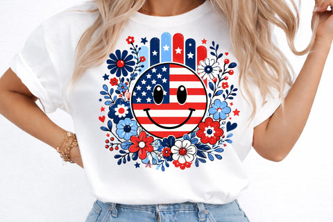 Smiley Face America Floral PNG, Patriotic Bow Ditsy Floral Sublimation designmaster24 